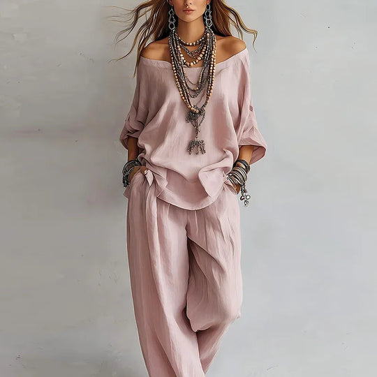 Off Shoulder Top and Wide Leg Trouser Two Piece Set for Elegant Occasions