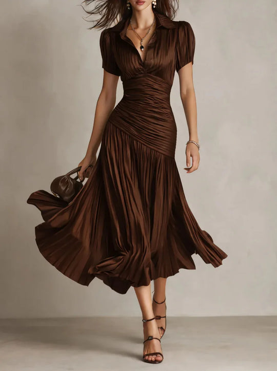 Elegant Satin Pleated Midi Dress for Workdays and Occasions
