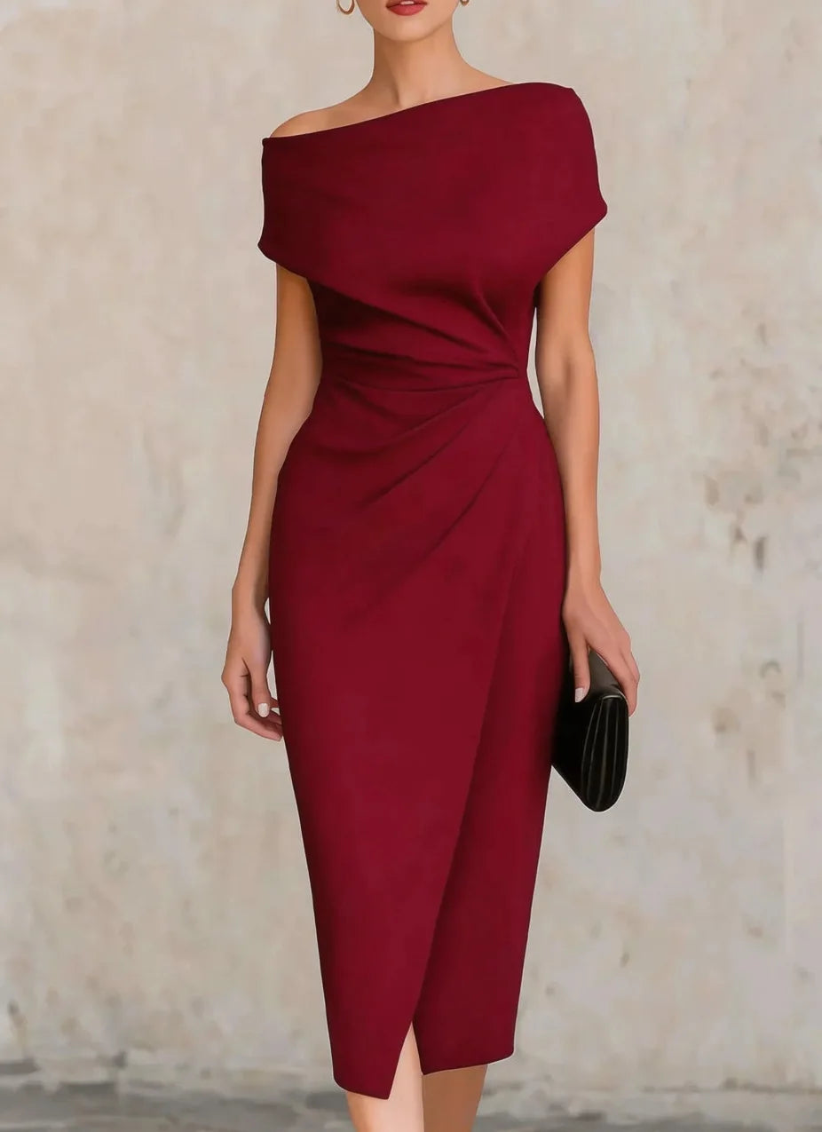 Elegant One Shoulder Pleated Midi Dress for Evening Occasions