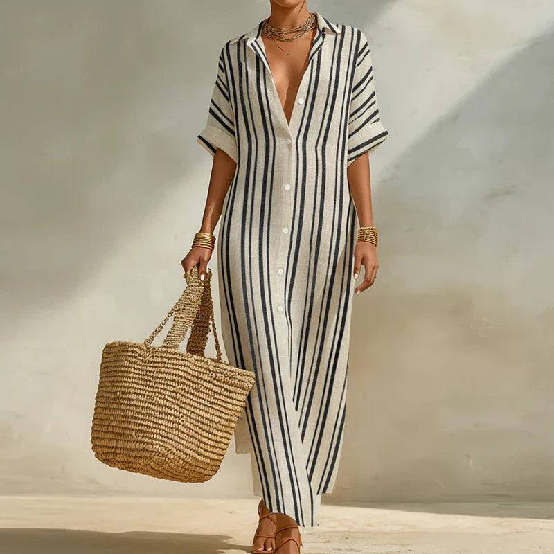 Breezy Striped Linen Long Shirt Dress for Summer and Beach