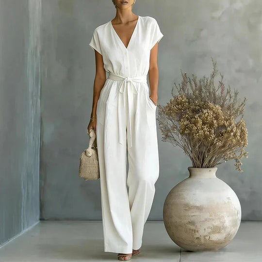 Relaxed Linen V Neck Wide Leg Jumpsuit for Everyday Wear