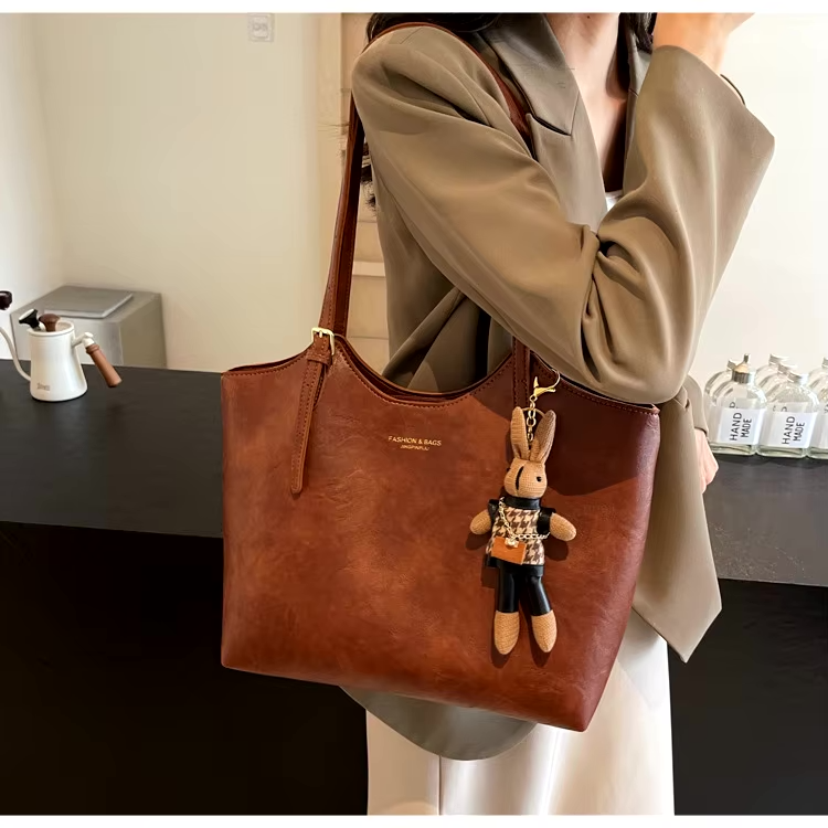 Large Vegan Leather Shoulder Tote Bag with Detachable Charm for Everyday