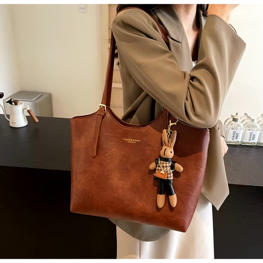 Large Vegan Leather Shoulder Tote Bag with Detachable Charm for Everyday