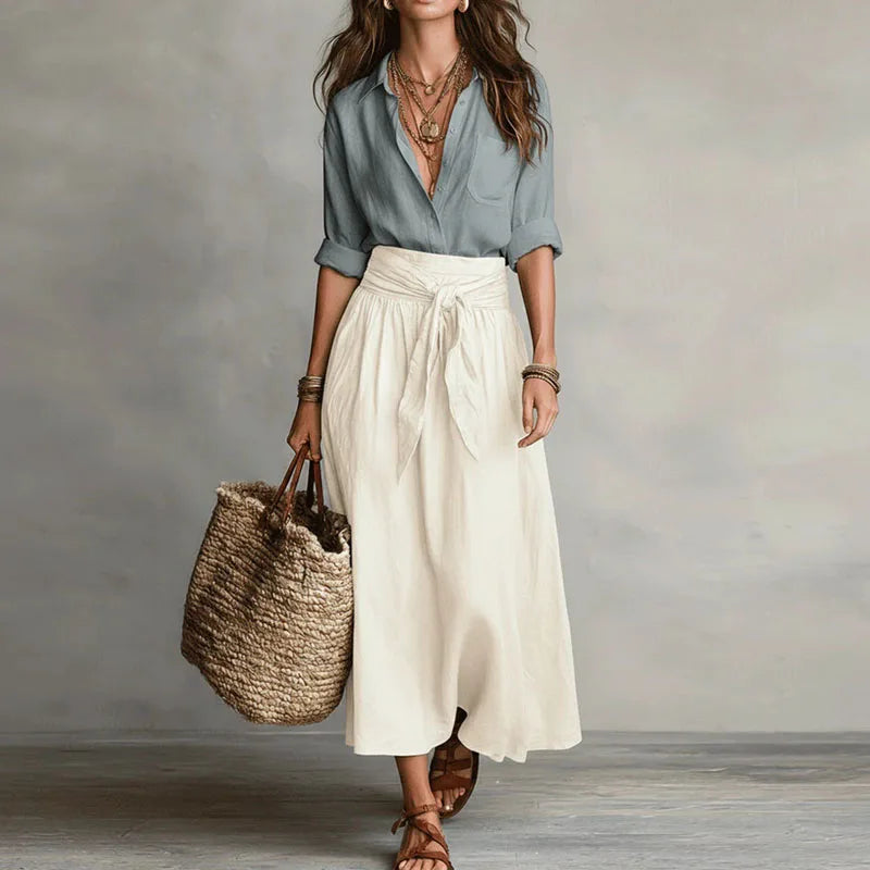 Elegant Linen Blouse and Tie Waist Skirt Co Ord Set for Office and Outings