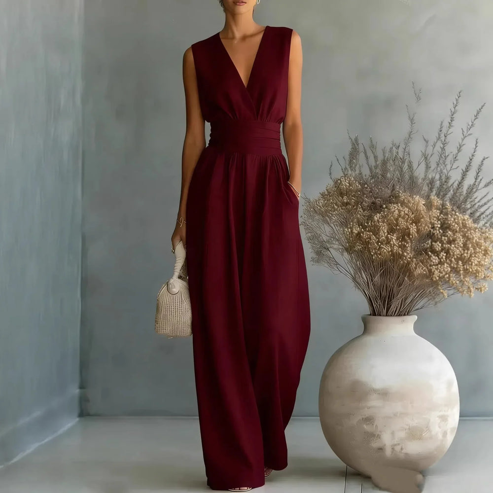 Sleeveless V Neck Wide-Leg Jumpsuit for Summer