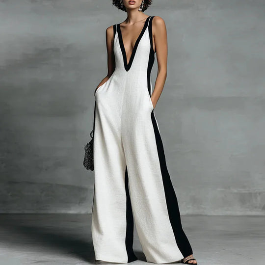 Elegant Deep V Neck Wide Leg Jumpsuit for Summer