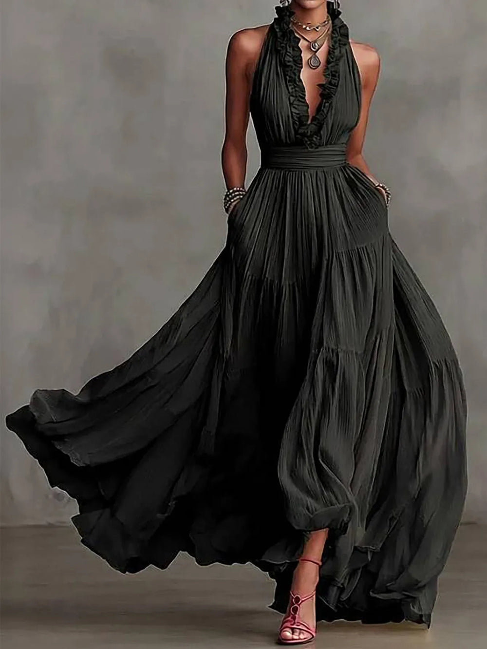 Ruffle Trim Backless Pleated Maxi Dress for Evenings