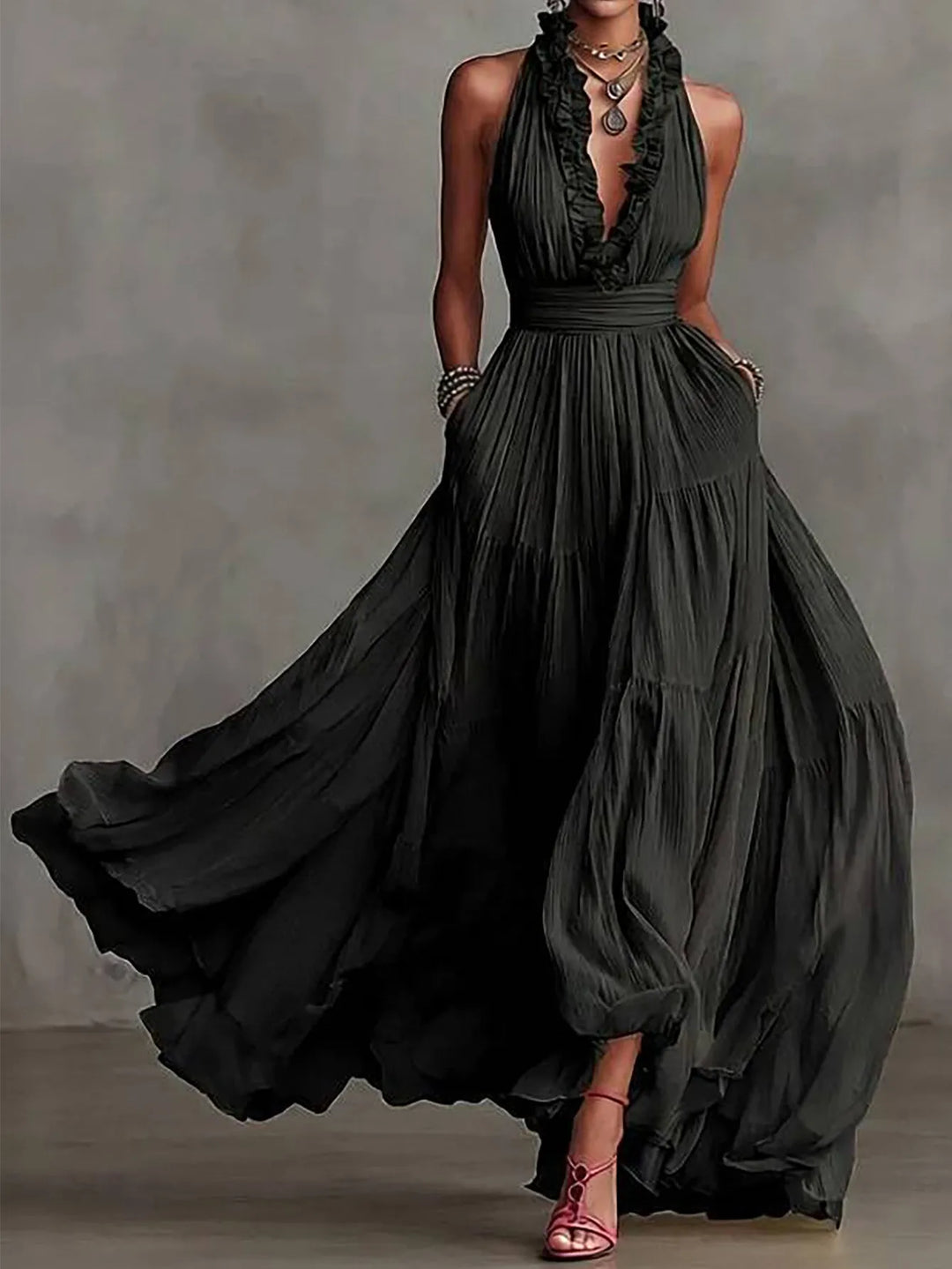 Ruffle Trim Backless Pleated Maxi Dress for Evenings