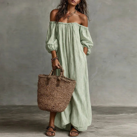 Off Shoulder Striped Maxi Dress for Beach Vacations