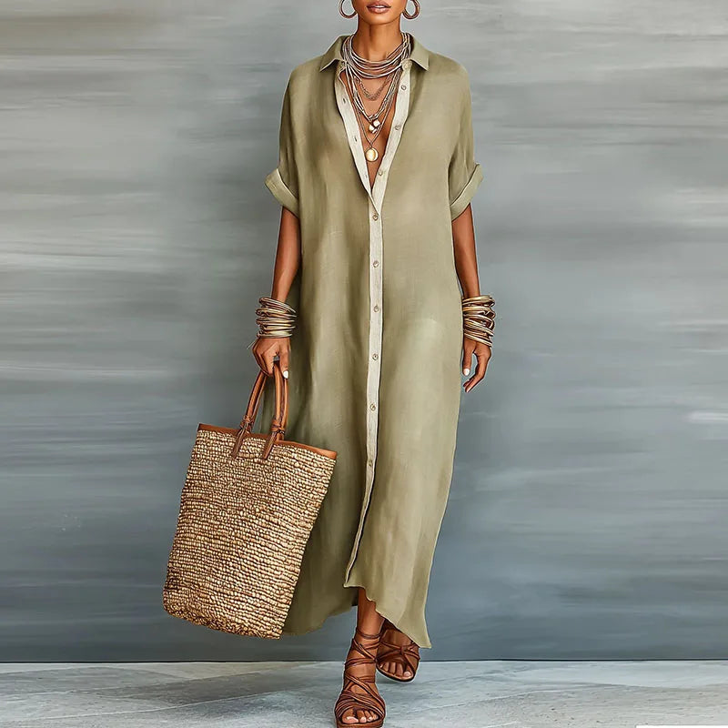 Relaxed Linen Button Down Maxi Shirt Dress for Summer