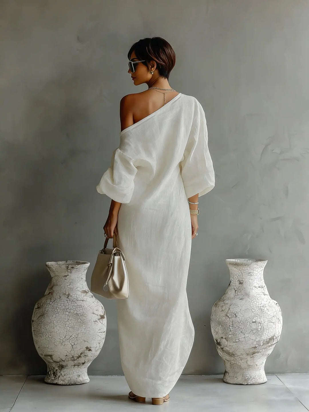 Elegant One Shoulder Linen Maxi Dress with Batwing Sleeves for Summer