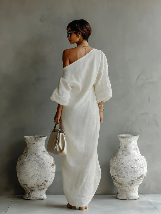 Elegant One Shoulder Linen Maxi Dress with Batwing Sleeves for Summer