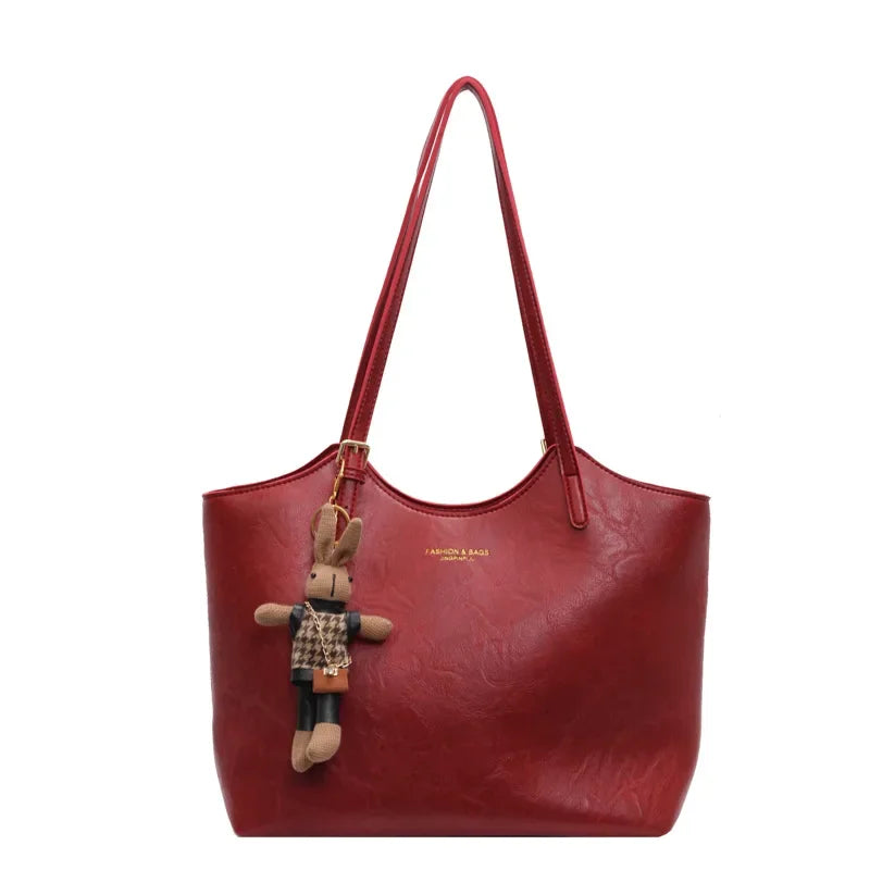 Large Vegan Leather Shoulder Tote Bag with Detachable Charm for Everyday