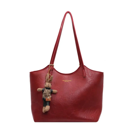 Large Vegan Leather Shoulder Tote Bag with Detachable Charm for Everyday