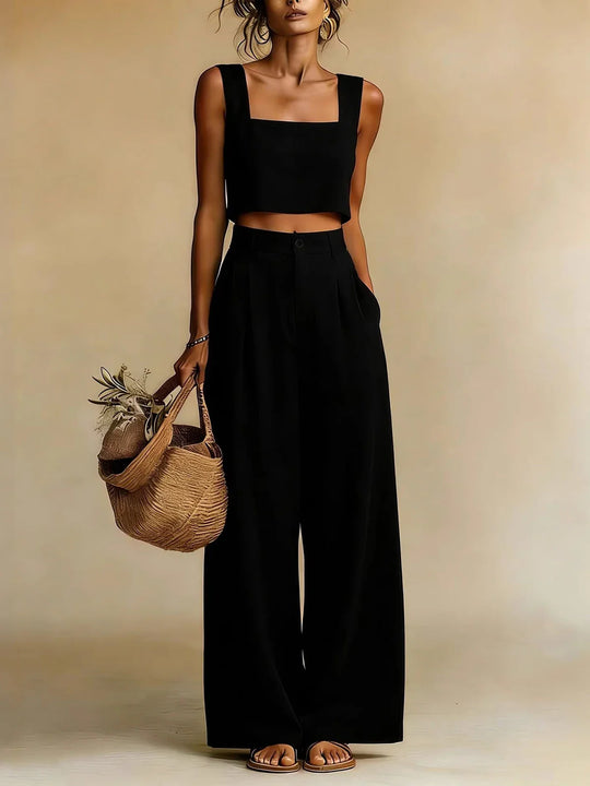 Relaxed Linen Crop Top and Wide Leg Palazzo Pants Set for Summer
