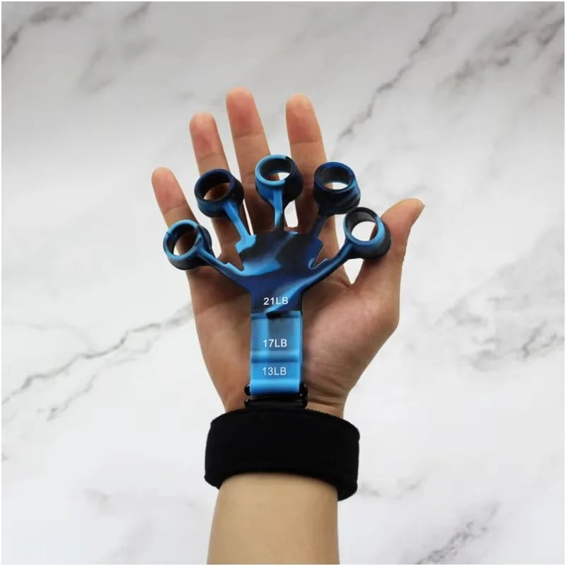 Blue finger exerciser on hand