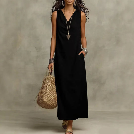 Casual Linen Sleeveless V Neck Maxi Dress for Summer