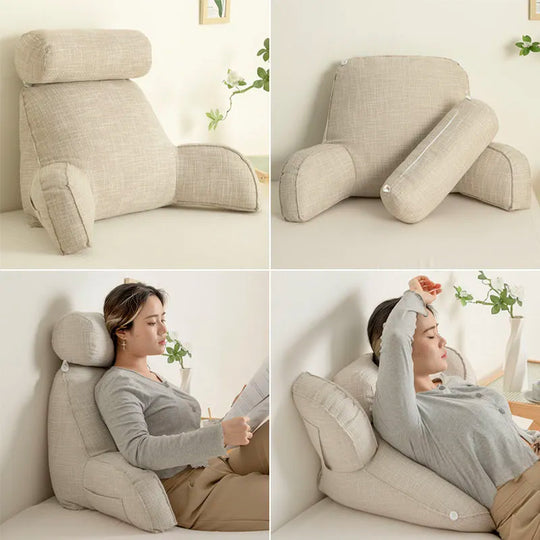 Plush Linen Reading Backrest Pillow with Armrests for Bed and Sofa