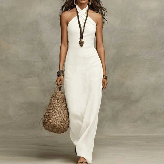 Bohemian Halter Linen Maxi Dress for Summer and Evenings