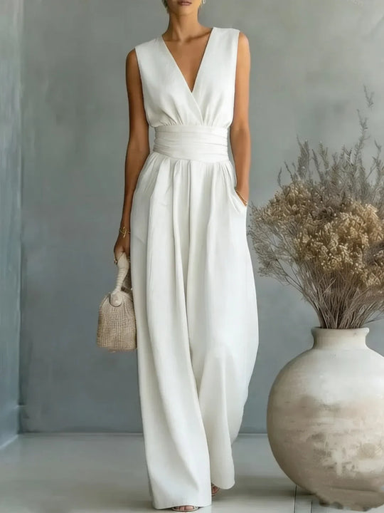 Sleeveless V Neck Wide-Leg Jumpsuit for Summer