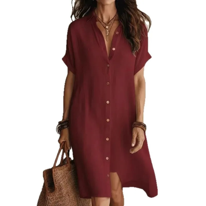 Casual Button Down Cotton Linen Shirt Dress for Summer and Beach