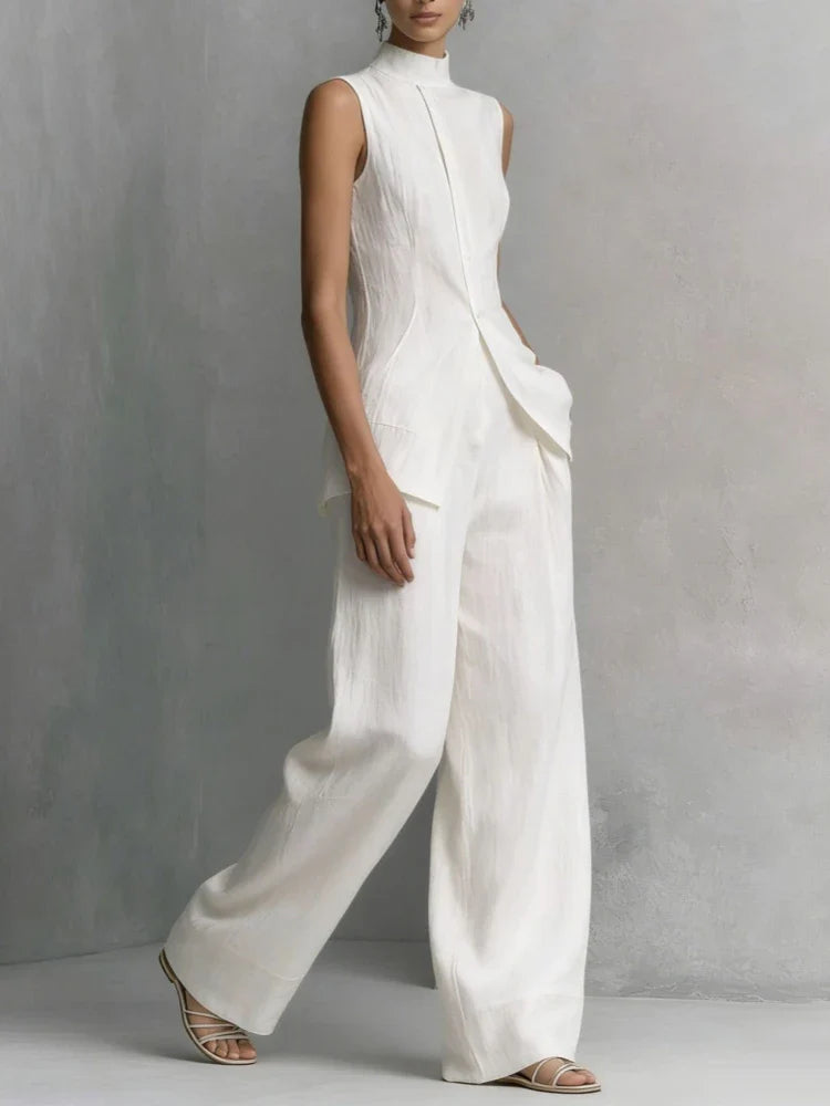 Elegant Sleeveless Linen Top and Wide Leg Pant Set for Workwear