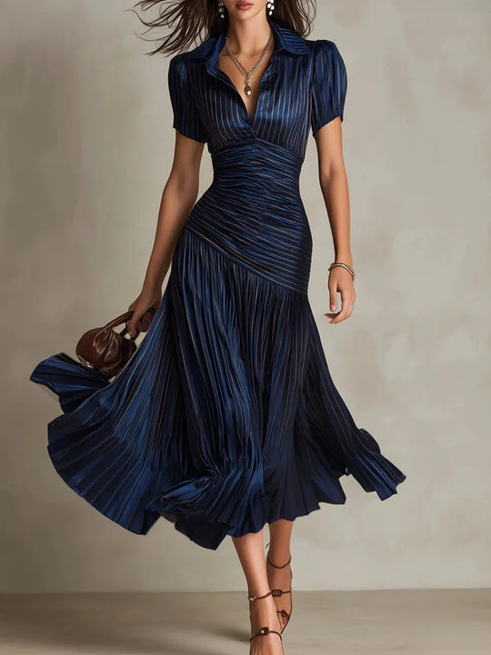 Elegant Satin Pleated Midi Dress for Workdays and Occasions