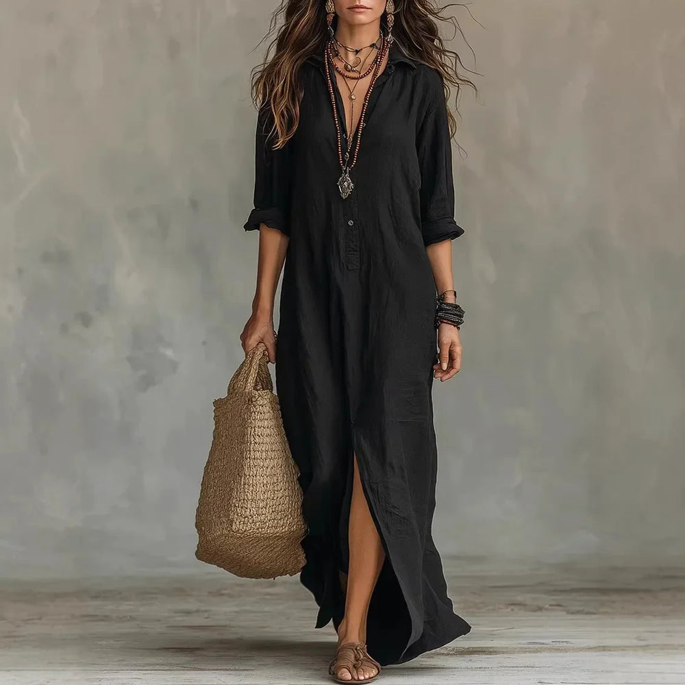 Relaxed Cotton Turn Down Collar Maxi Shirt Dress for Summer and Beach