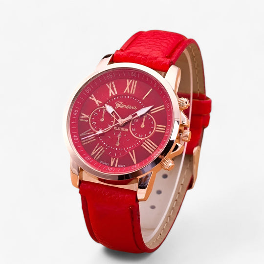 Womens watch with red leather strap