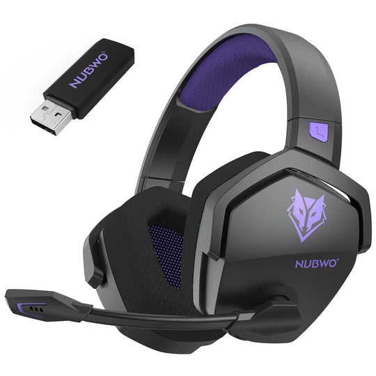 Black and purple wireless gaming headset