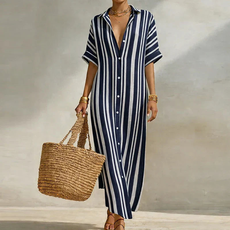 Breezy Striped Linen Long Shirt Dress for Summer and Beach