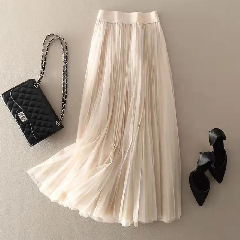 Pleated Mesh Midi Skirt for Everyday Elegance