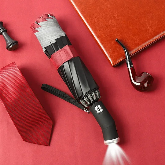 Red reverse umbrella with LED flashlight
