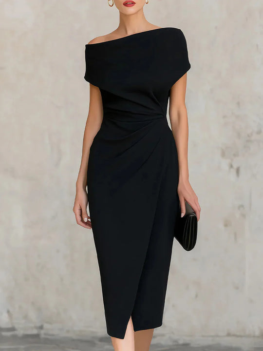 Elegant One Shoulder Pleated Midi Dress for Evening Occasions