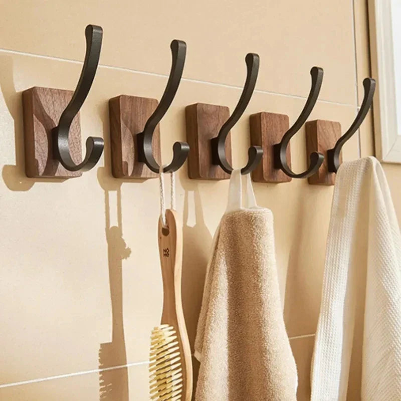 Natural Walnut Wood and Metal Wall Hooks for Entryway and Bathroom
