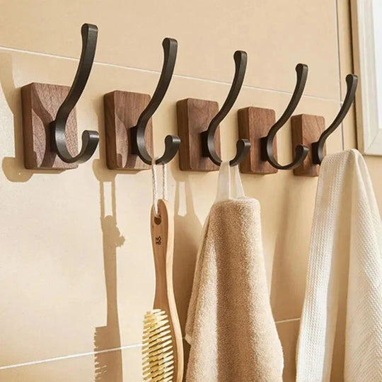 Natural Walnut Wood and Metal Wall Hooks for Entryway and Bathroom