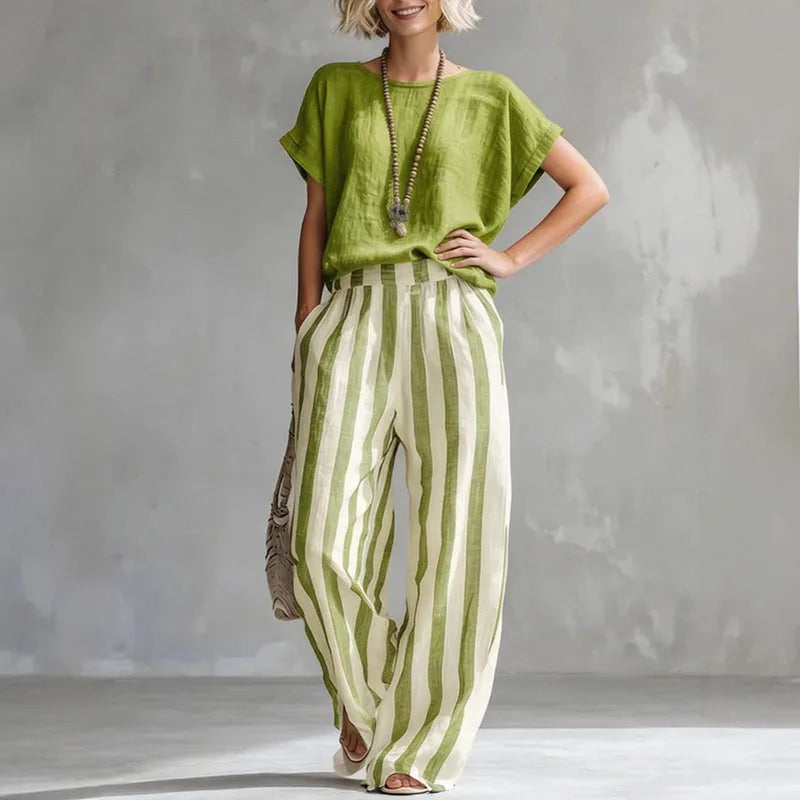 Striped Cotton-Linen Short-Sleeve Top and Wide-Leg Trouser Summer Set