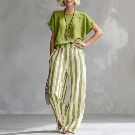 Striped Cotton-Linen Short-Sleeve Top and Wide-Leg Trouser Summer Set