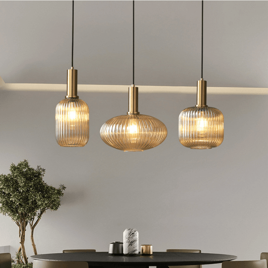 Ribbed Glass Globe Pendant Lights for Kitchen and Dining
