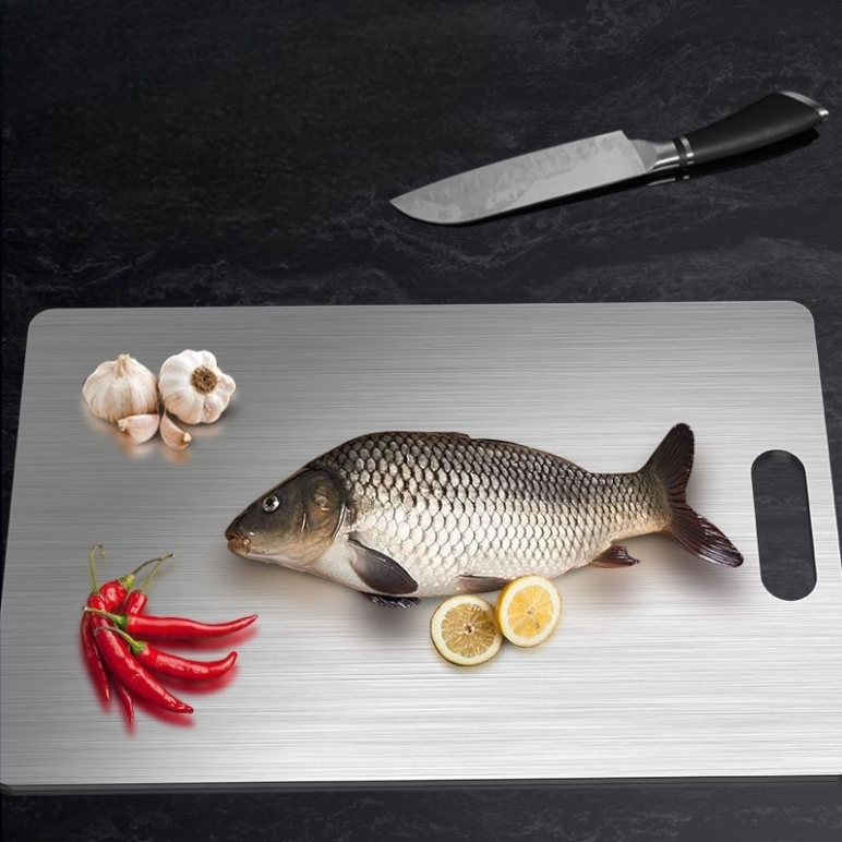 Brushed Stainless Steel Cutting Board with Handle for Kitchen Prep