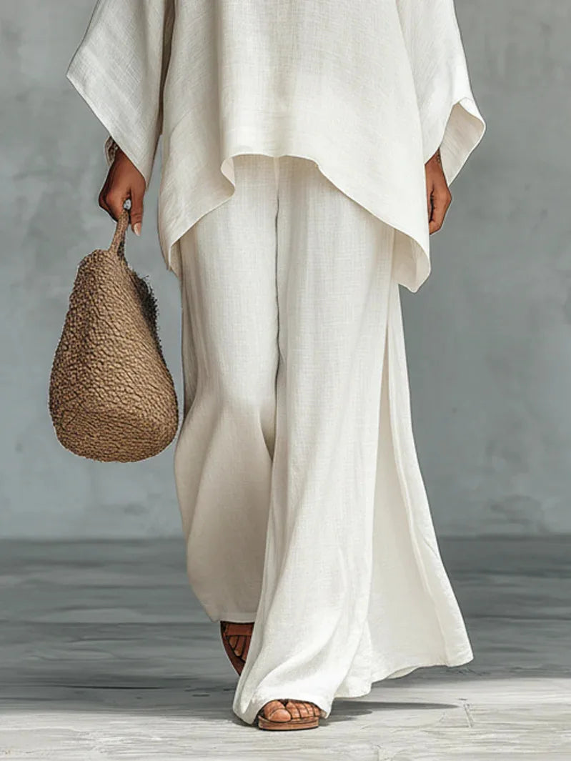 Relaxed Oversized Linen Batwing Top and Wide Leg Pants Set for Summer