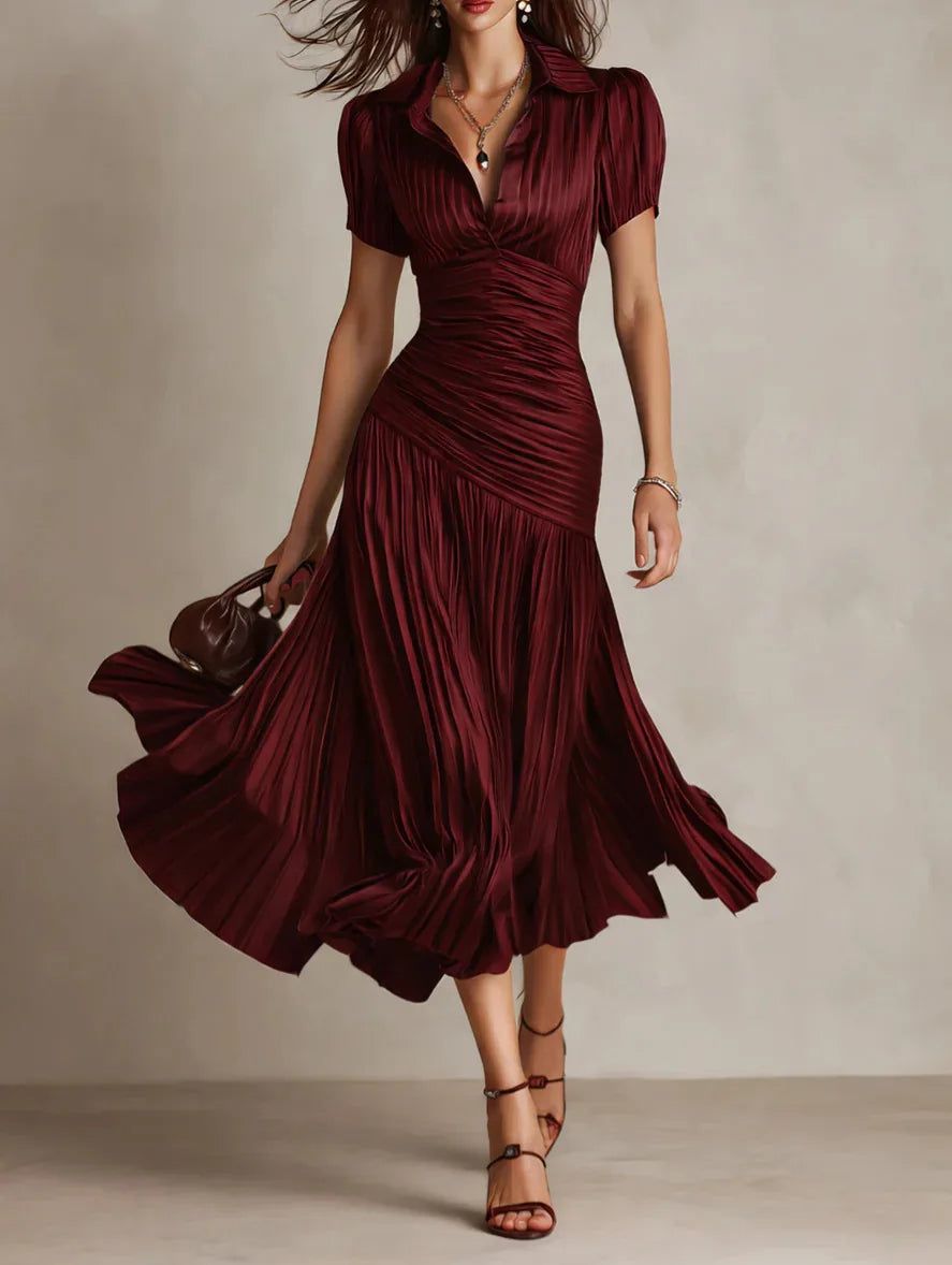 Elegant Satin Pleated Midi Dress for Workdays and Occasions