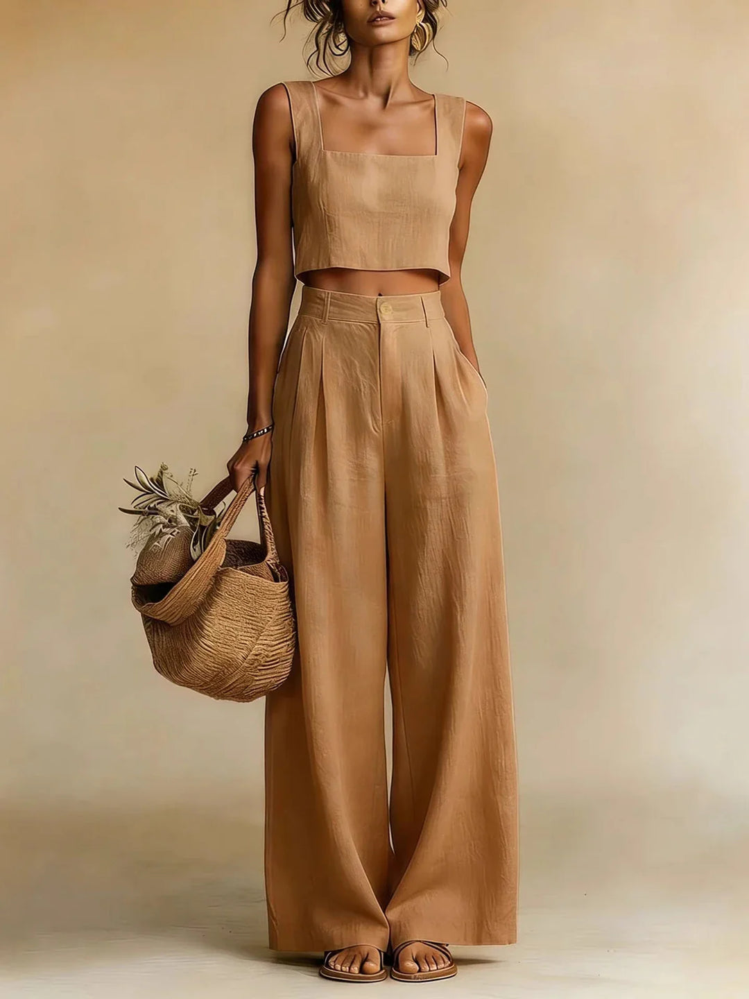Relaxed Linen Crop Top and Wide Leg Palazzo Pants Set for Summer