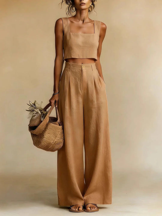 Relaxed Linen Crop Top and Wide Leg Palazzo Pants Set for Summer