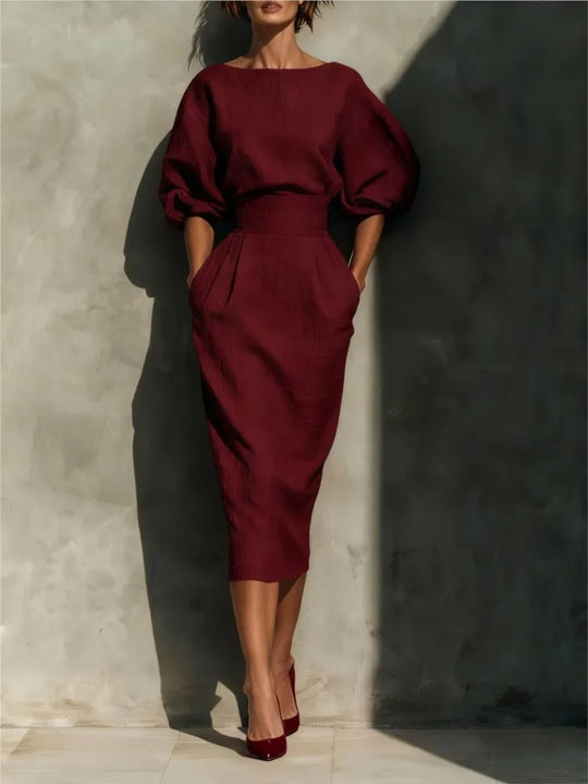 Elegant Pleated Lantern Sleeve Midi Dress for Office and Occasions