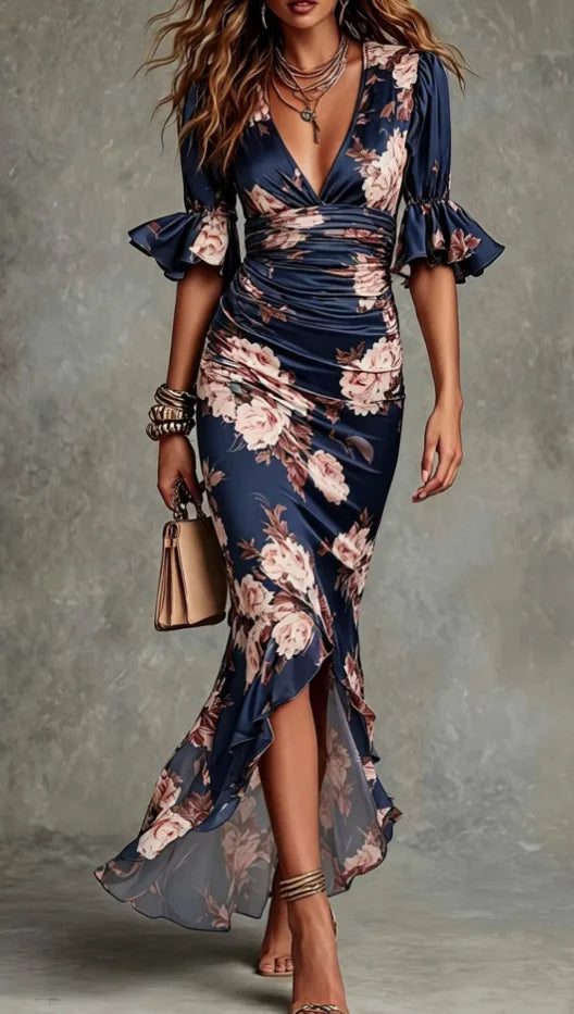 Floral Ruffle V Neck Maxi Dress for Wedding Guests