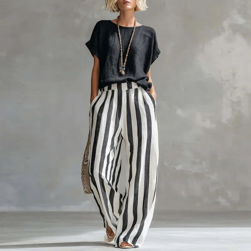 Striped Cotton-Linen Short-Sleeve Top and Wide-Leg Trouser Summer Set