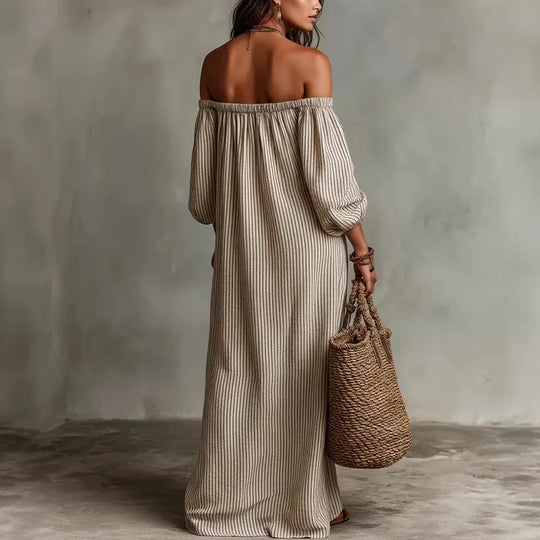 Off Shoulder Striped Maxi Dress for Beach Vacations