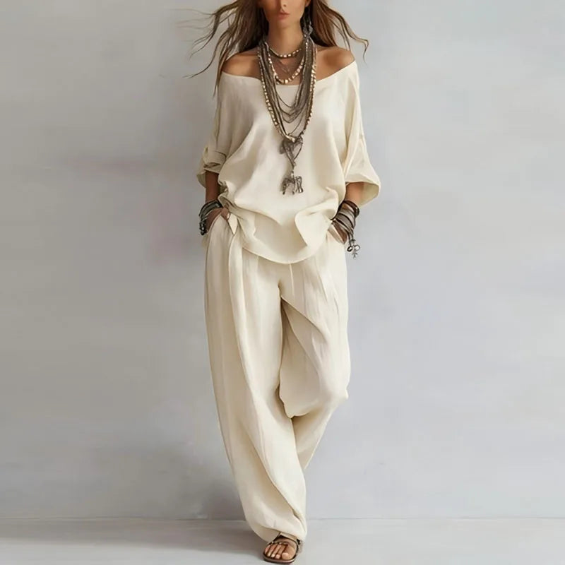 Off Shoulder Top and Wide Leg Trouser Two Piece Set for Elegant Occasions