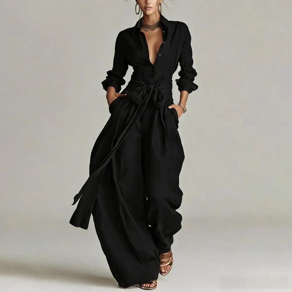 Relaxed Linen Button-Down Shirt and Wide-Leg Pants Lounge Set for Women